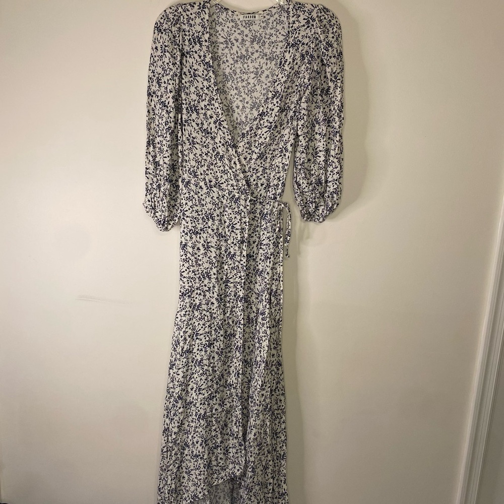 Farrow Floral Wrap V Neck Maxi Dress in Dark Blue and White Small Fairy Peasant